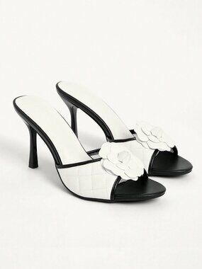 Black and White Elegant Women's High‑Heeled Peep Toe Sandals with 3D Flowers